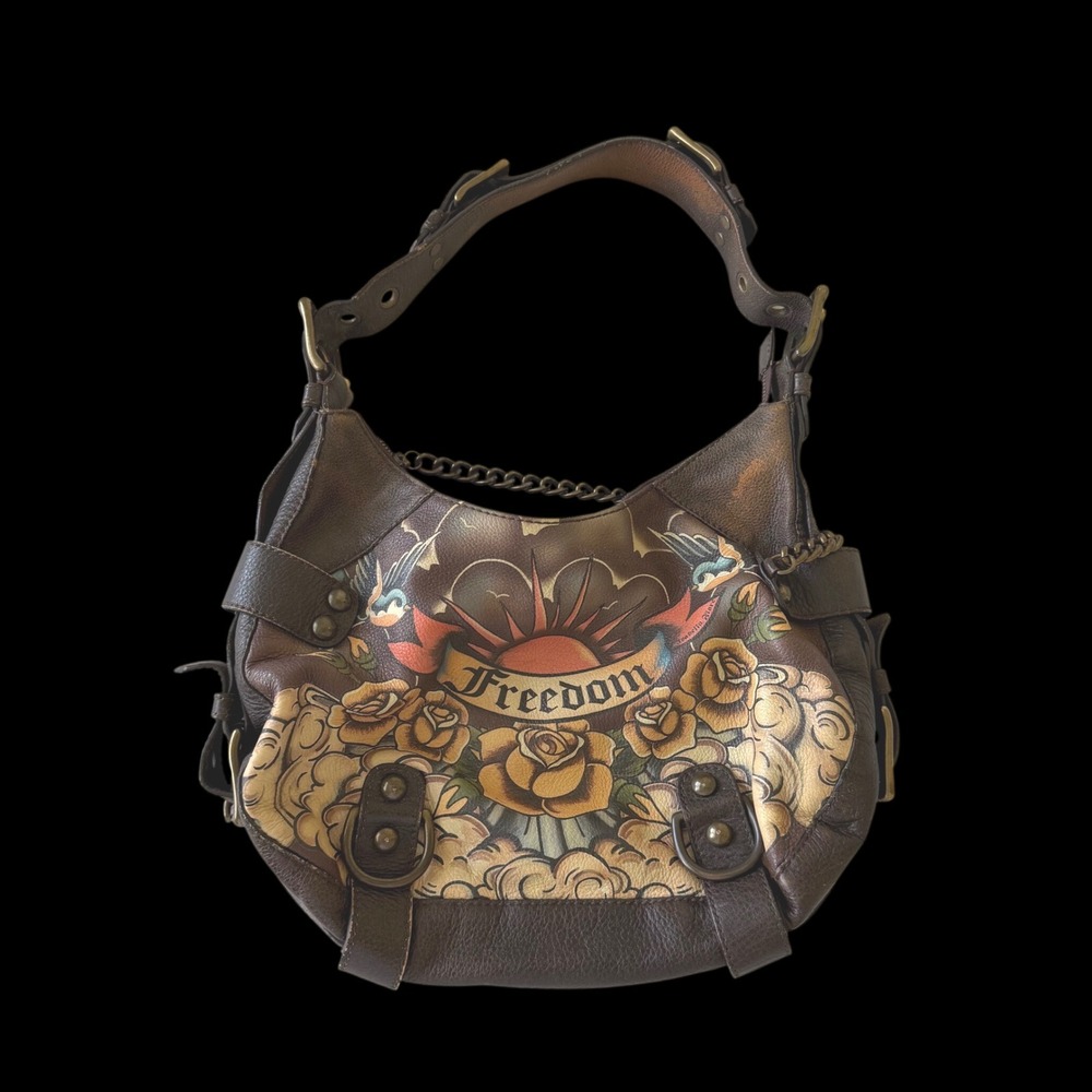 Isabella Fiore Brown Leather Freedom Tattoo Rose‎ Hobo Shoulder Bag Brass Chain